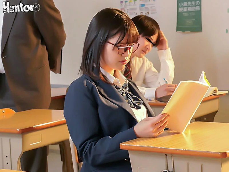 制服姿のメガネ女子が教室で本を読んでいる