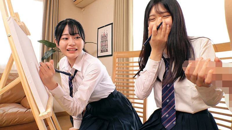 制服JK2人。一人がチ〇ポを握っている